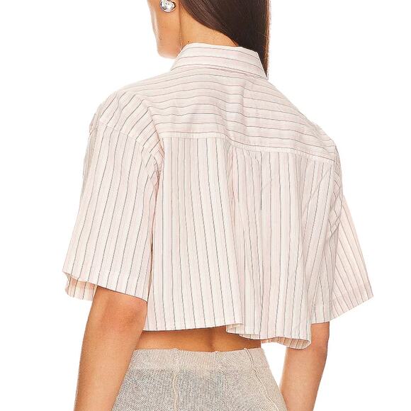 Steve Madden Pink Striped Crop Top XS Button Down Shirt Oversized Boxy $64 NEW - Picture 3 of 7
